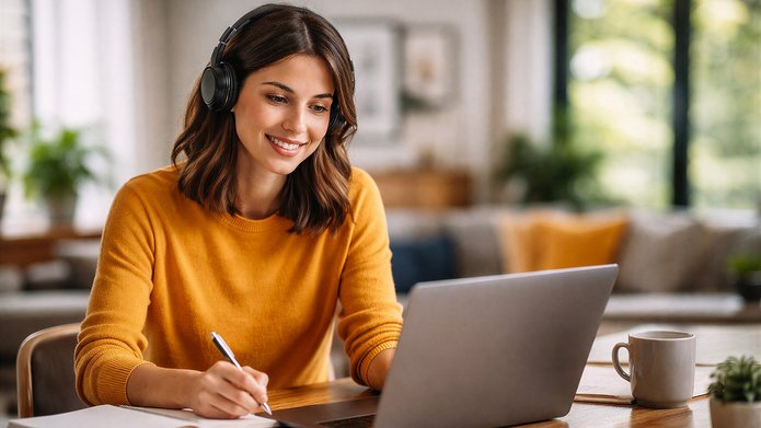 Uśmiechnięta kobieta pracująca przy laptopie w domowym biurze kobieta przy komputerze